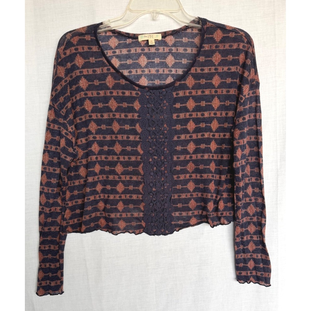Y2K Love Fire Crop Top Navy Orange Geometric Lace Trim Boho XL